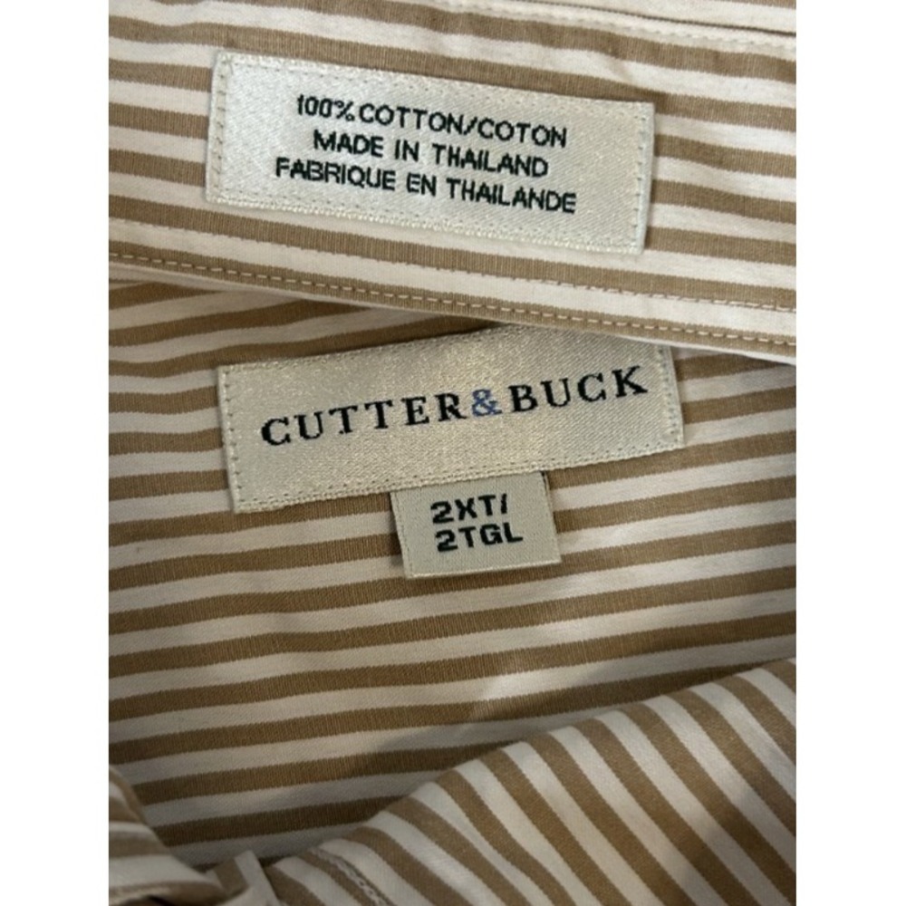 Cutter & Buck Shirt Men's Button Up 100% Cotton Taupe White Striped 2XT 2X TALL